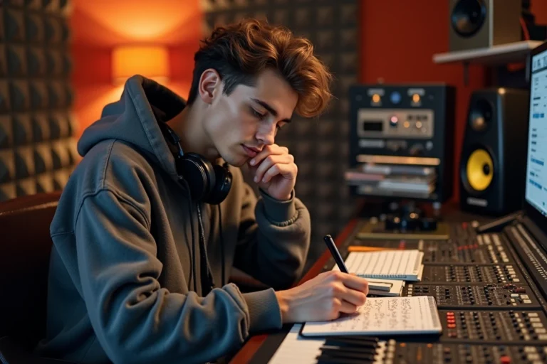 Jeune homme en studio d'enregistrement avec casque et carnet