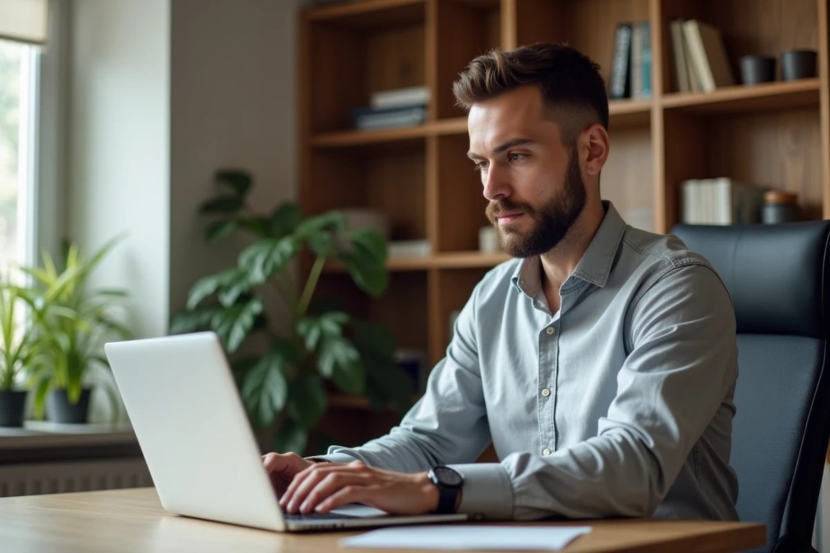 Homme en télétravail accédant à son espace personnel sécurisé Securitas sur un ordinateur portable depuis un bureau à domicile