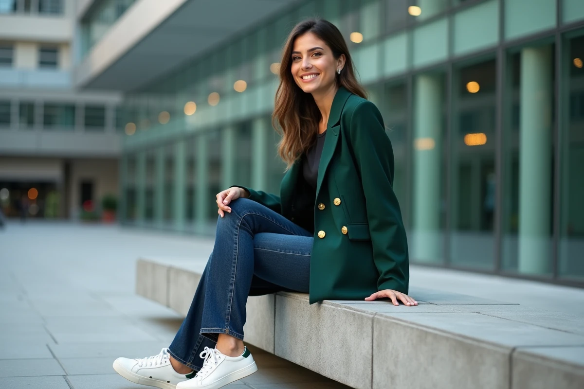 Femme moderne en blazer vert forêt oversize et jean indigo assise dans une place urbaine contemporaine