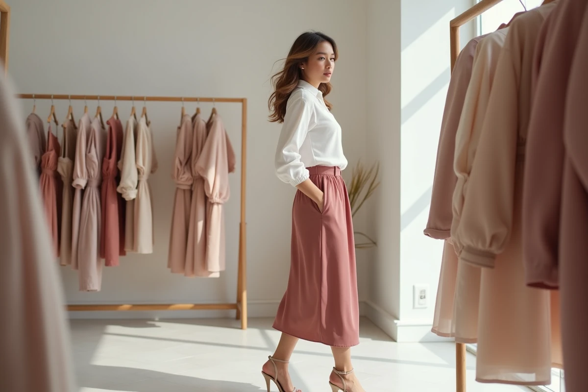 Femme tendance en jupe satin rose poudré et chemisier blanc à manches bouffantes dans une boutique minimaliste