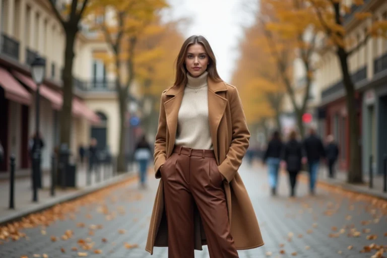 Femme élégante en manteau camel et pantalon large chocolat dans une rue pavée parisienne en automne