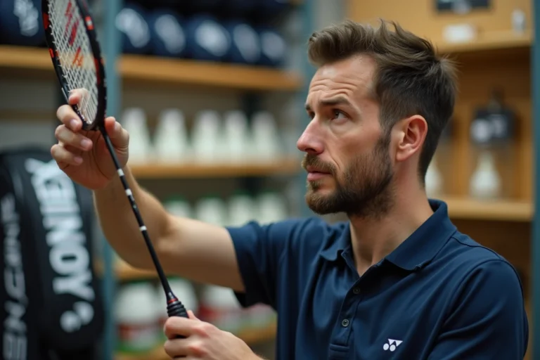 Un homme inspecte attentivement une raquette Yonex dans un magasin de sport pour vérifier son authenticité