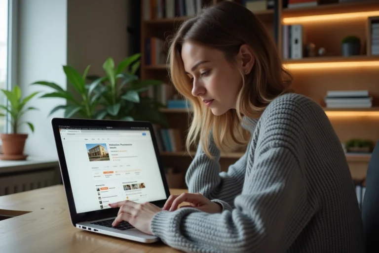 Femme vérifiant les avis et la fiabilité d'une offre de réservation en ligne sur son ordinateur portable