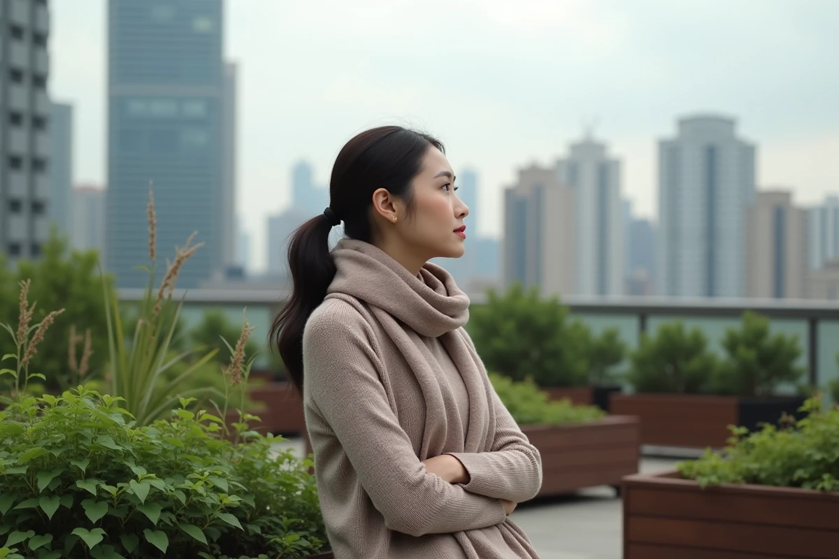 Jeune femme sur un toit avec vue sur la ville et nature