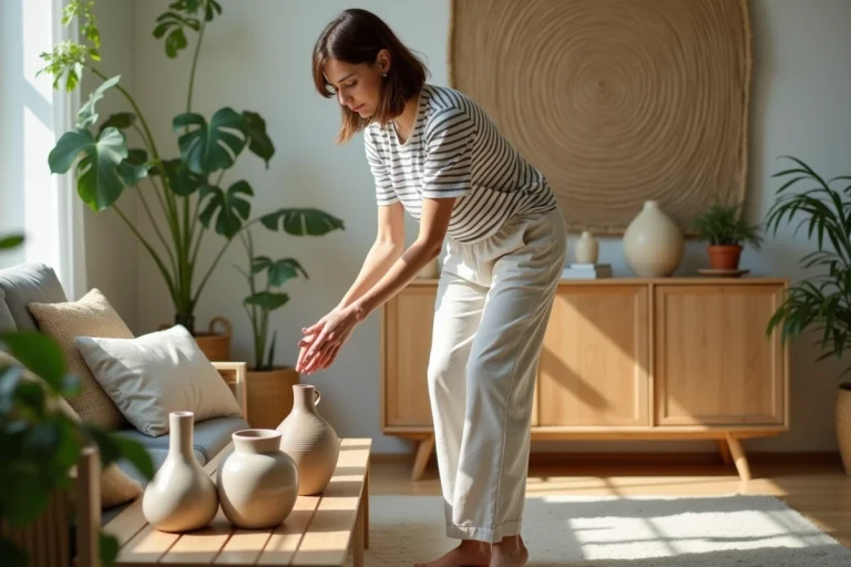 Femme arrangeant des vases en céramique dans son salon lumineux