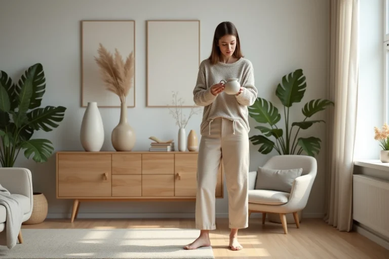 Jeune femme arrangeant des vases en céramique dans un salon moderne